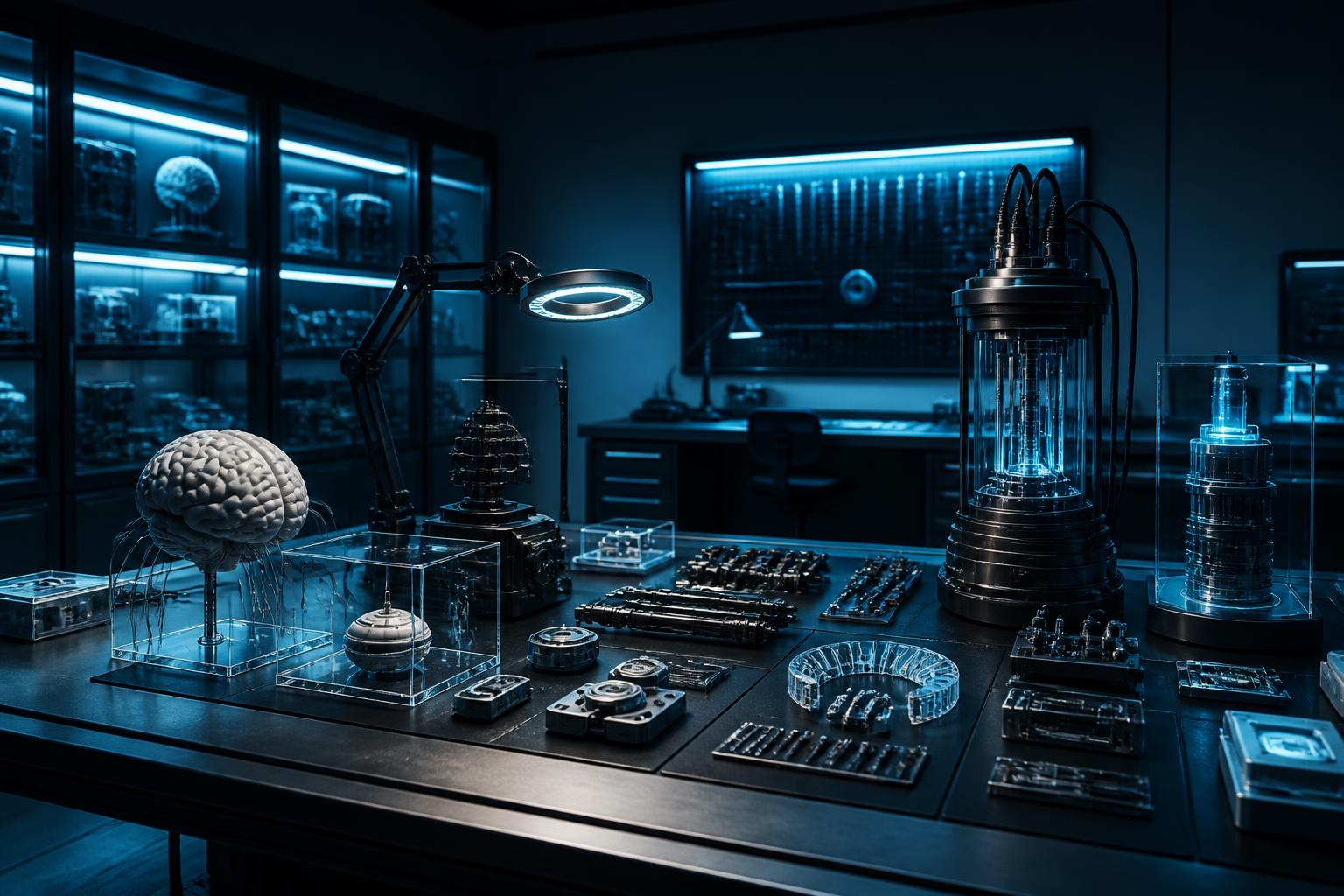 The PANOPTICON engineering bay — fabric racks, drone cradles, and a wall of VITALNET telemetry