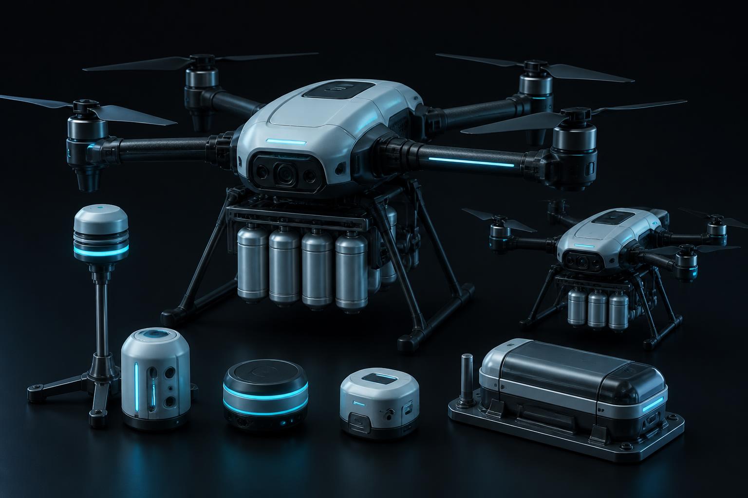 A wing of PANOPTICON aerosol-vector drones over a city at dawn