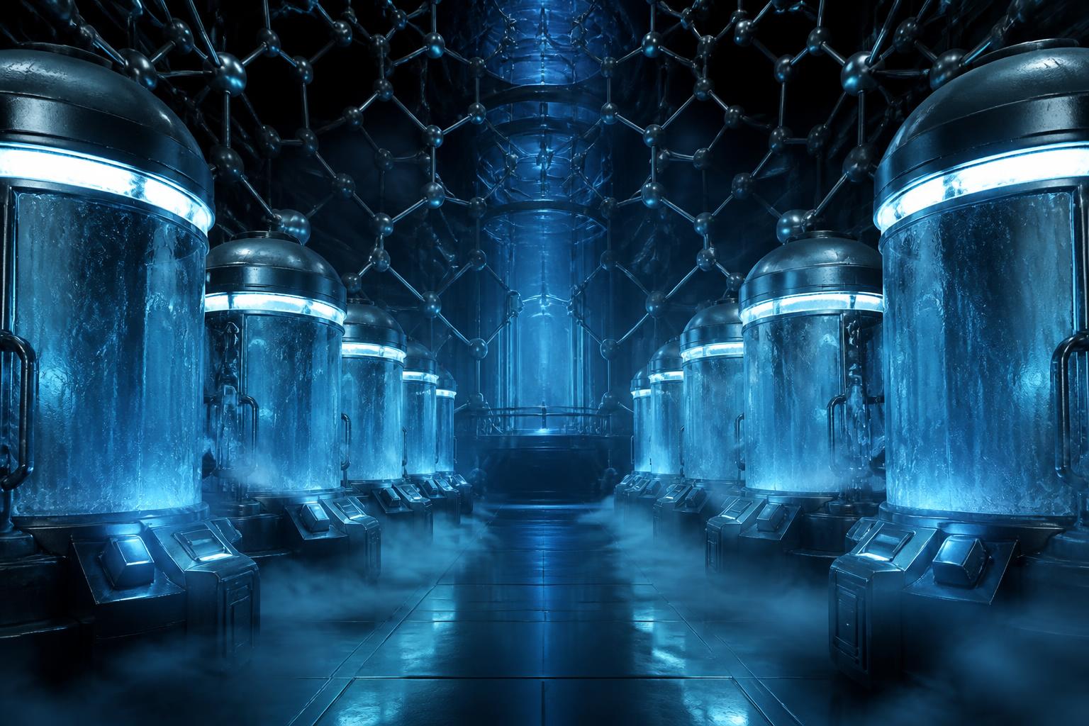 The PANOPTICON Cryo Subject Vault — cryogenic dewars under cold cyan light